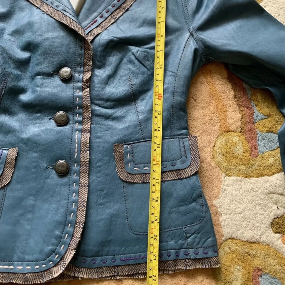 Blue Leather Jacket With Brown Thread Lining Small - Picture 11 of 11